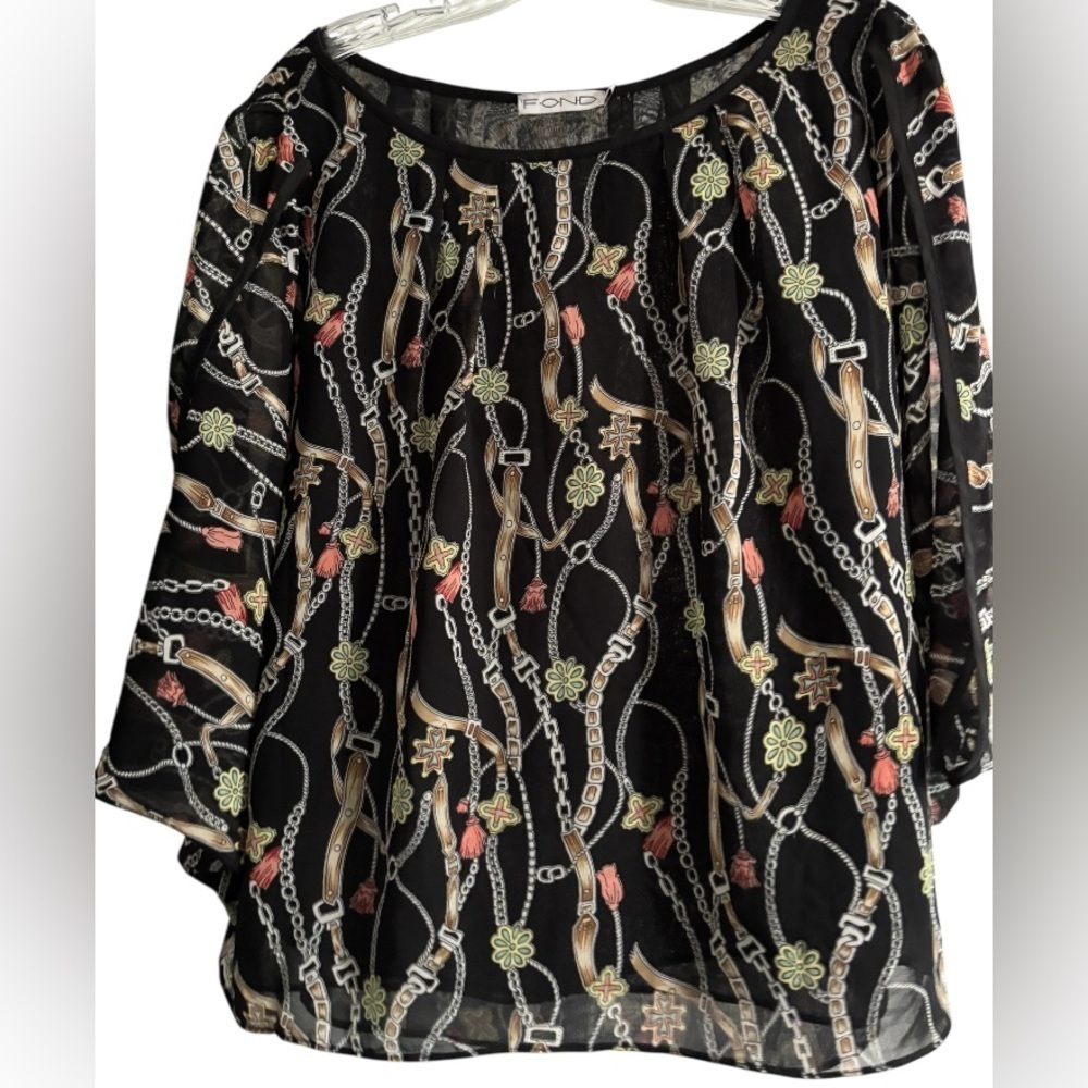 FOND Silk blend Dressy Black Top. Pullover.  Sheer, lined.  Size large.  SKU 21.